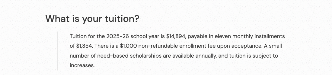 The tuition answer on the FAQ page of Acton Austin Main, the original campus, October 2026.