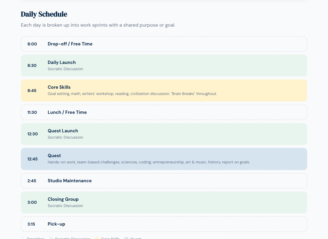The daily schedule on Acton Academy's "Our Model" page, October 2026.