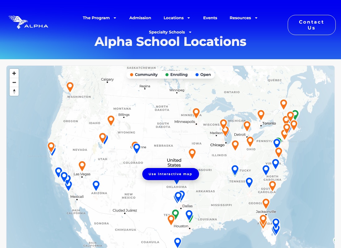 The map on Alpha School's locations page, October 2026.