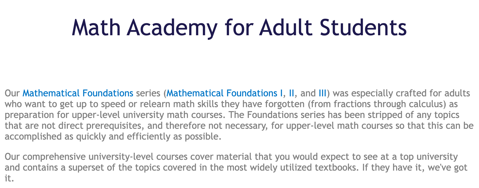 Math Academy's page for adult students, October 2026.