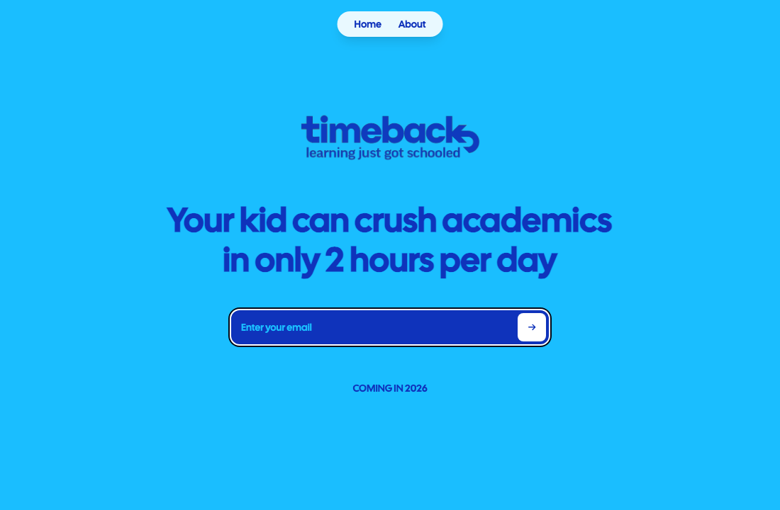 The Timeback home page on October 3, 2026: a waitlist form and no price.