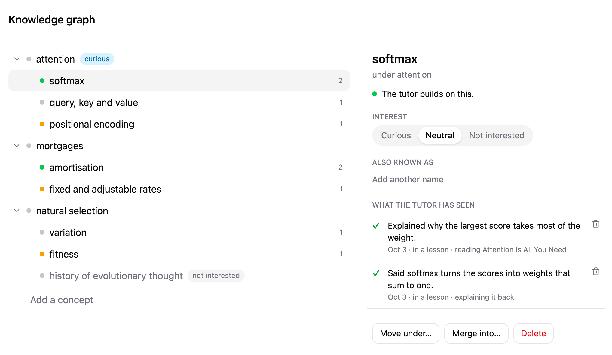 The Knowledge graph page in Understand, with sample concepts and the evidence under one of them.