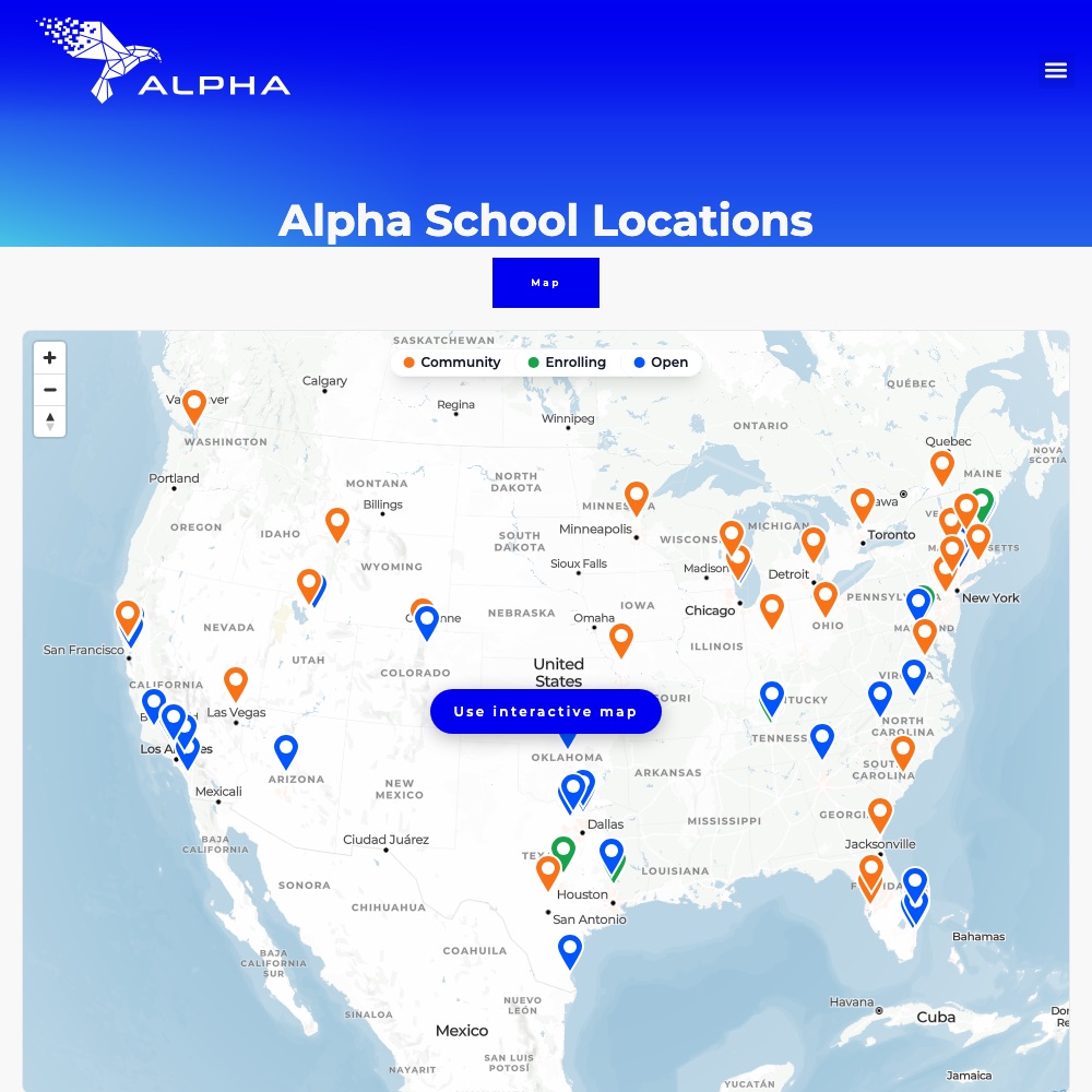 The map on Alpha's locations page, October 3, 2026. The legend marks pins as Community, Enrolling or Open.