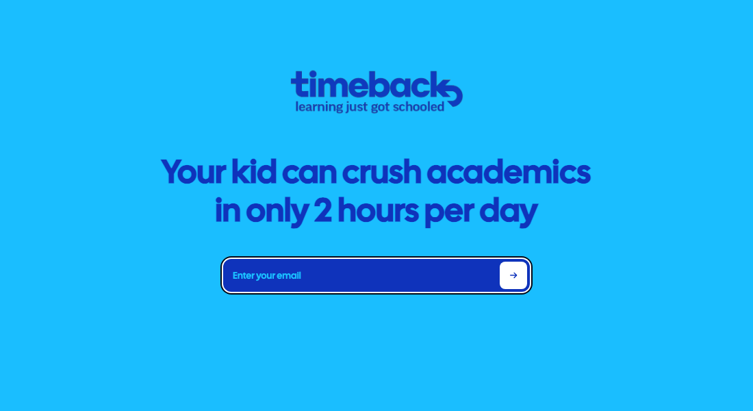 Timeback's public site on October 3, 2026: a waitlist form.