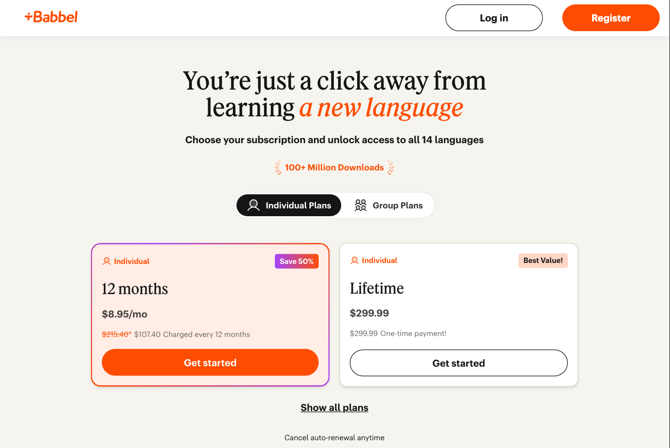 Babbel's prices page, October 2026.