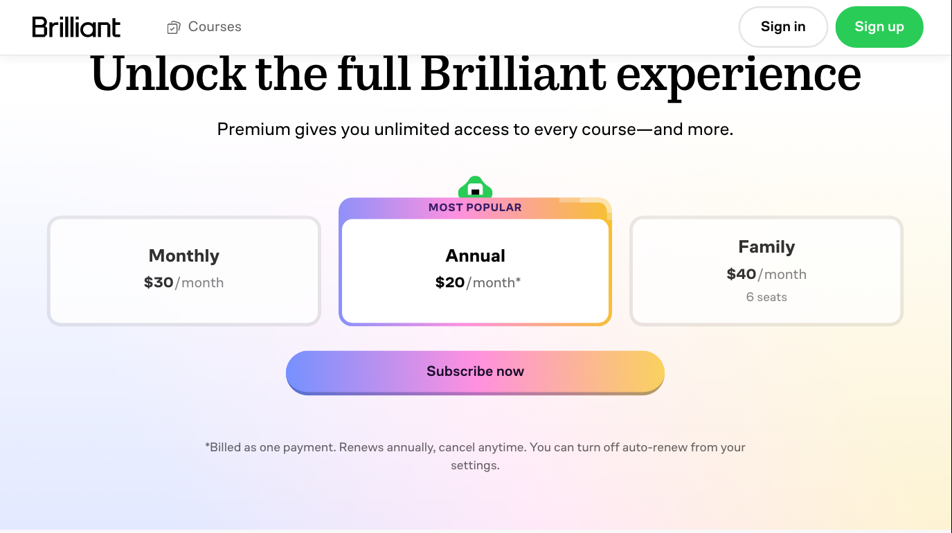 The plans on Brilliant's Premium page, October 2026.