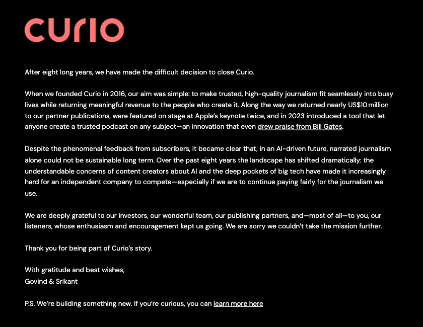 The closing notice on curio.io, October 2026.