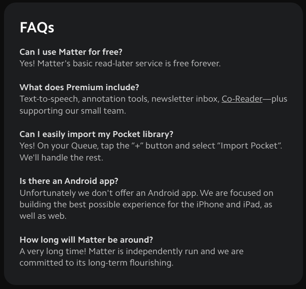 The FAQ on Matter's page for Pocket readers, October 2026.
