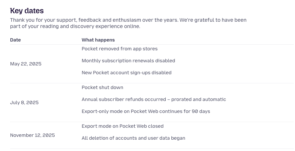 The key dates on Mozilla's Pocket support page, as archived in July 2026.