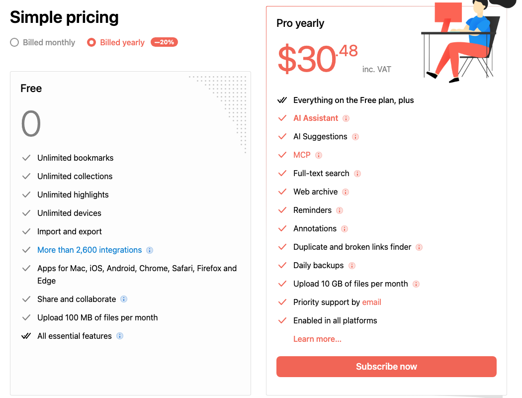 Raindrop.io's Free and Pro plans with yearly billing, October 2026. The price includes VAT for my location.