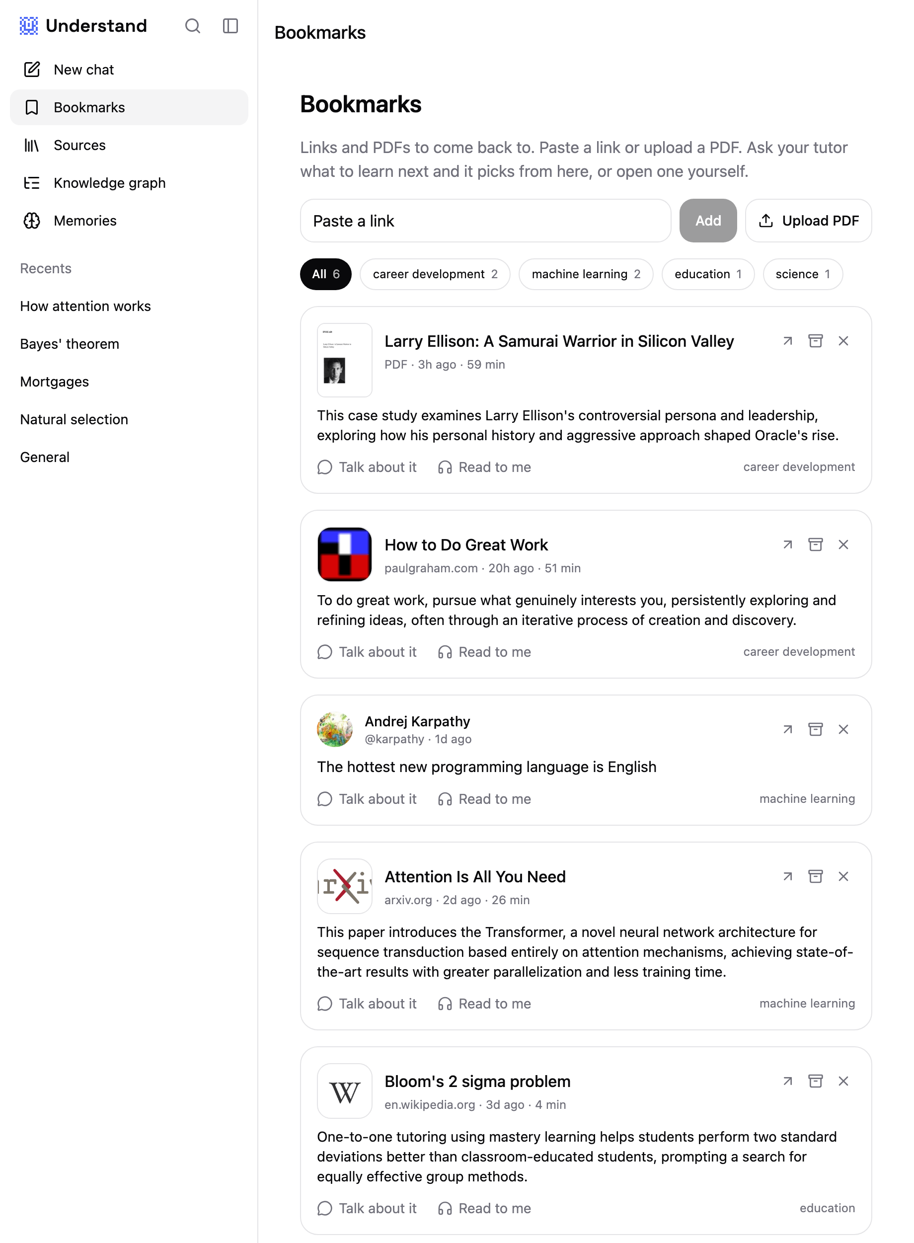 The Bookmarks page in Understand with an uploaded PDF, an essay, a post from X, a paper and a Wikipedia article, October 2026.