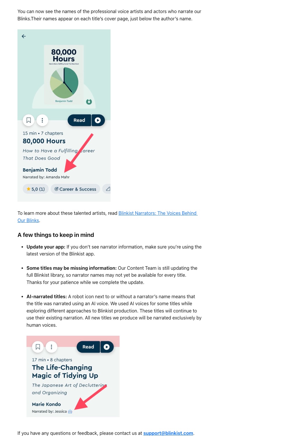 Blinkist's help article of 12 August 2026 on narrator names and the robot icon for AI-narrated titles.