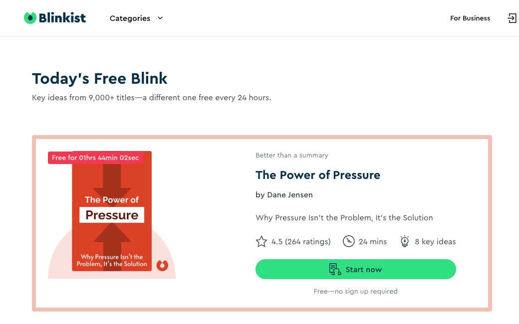 Blinkist's free daily Blink on 4 October 2026, listed at 24 minutes and 8 key ideas.