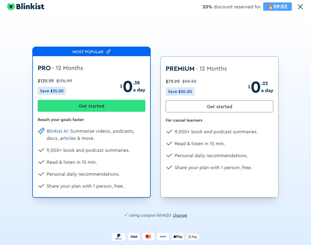 Blinkist's pricing page as shown to me on 4 October 2026, with a coupon and countdown already applied.