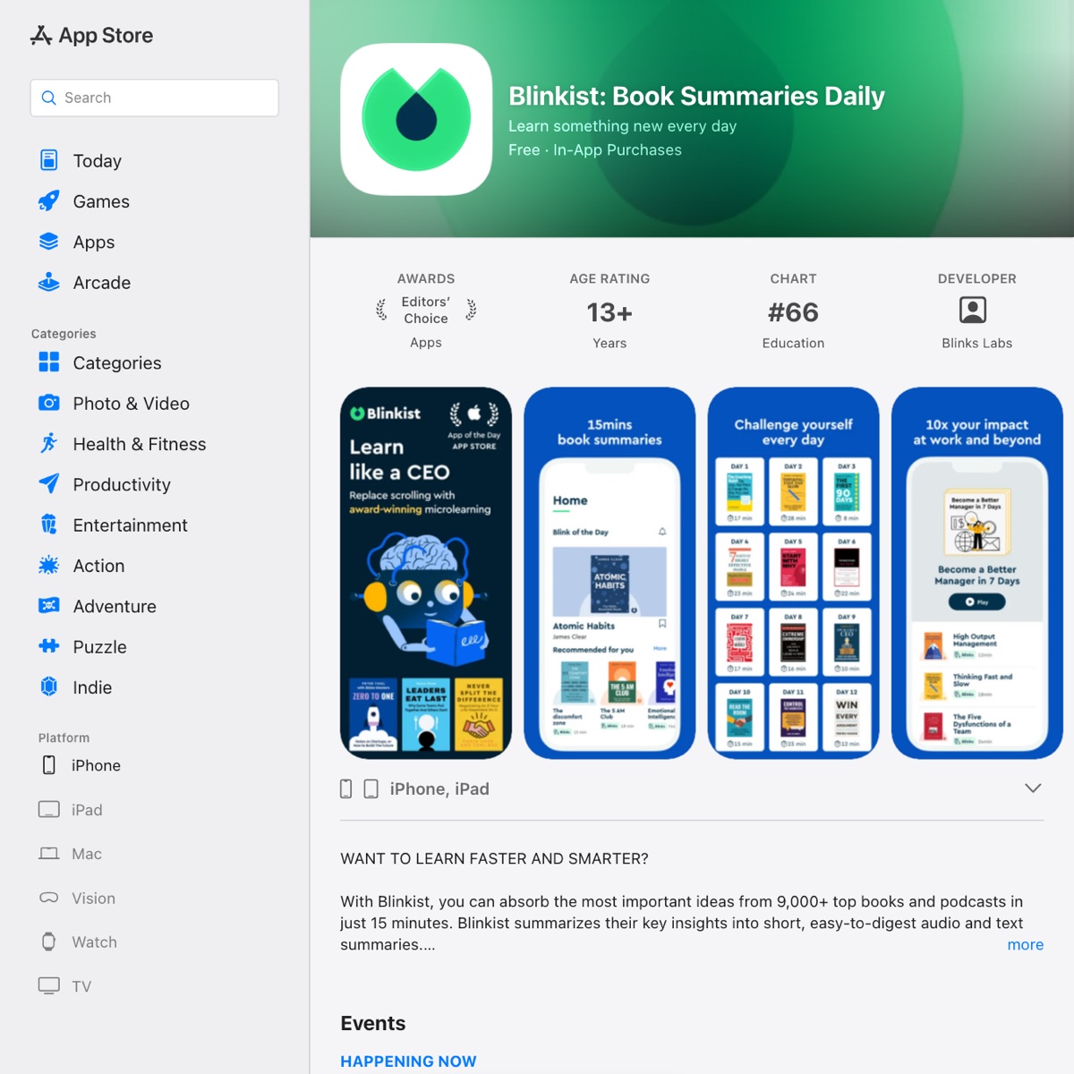 Blinkist's App Store listing, with the company's own screenshots of the app, October 2026.