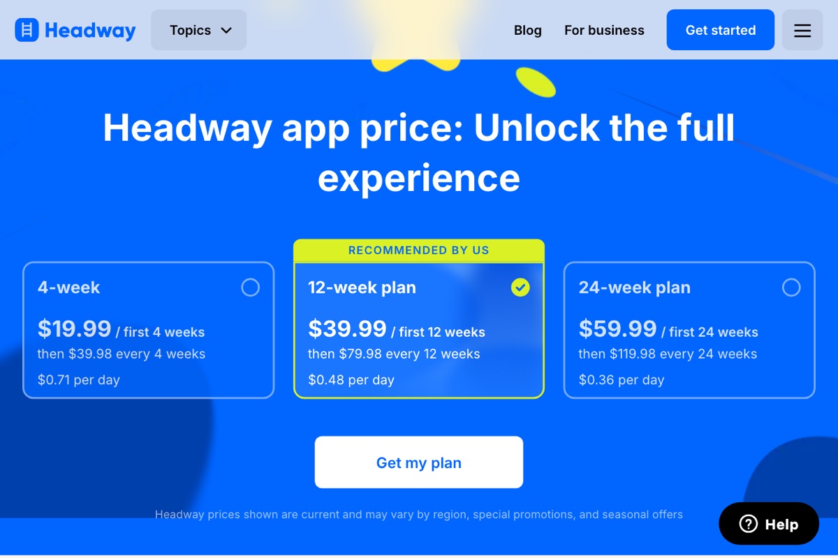 Headway's price page: each plan costs twice as much after its first period, October 2026.