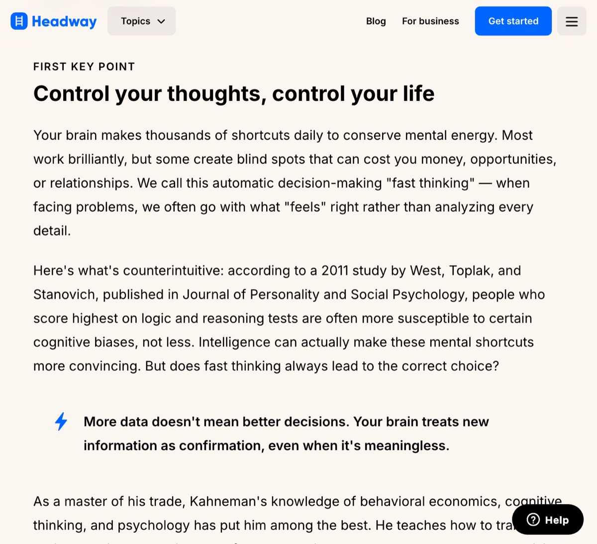 Headway's public summary page for Thinking, Fast and Slow, with the study citation discussed below, October 2026.