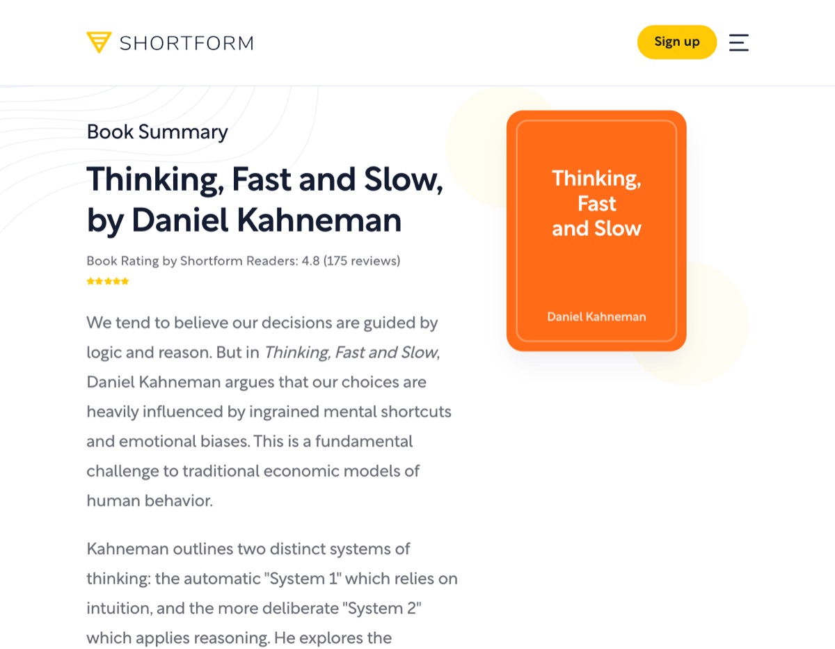 Shortform's public summary page for Thinking, Fast and Slow, October 2026.