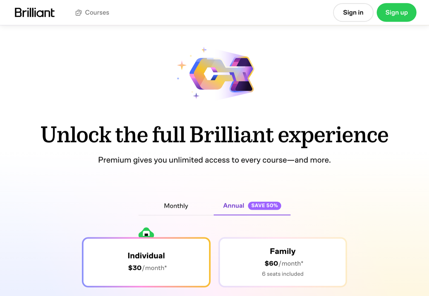 The plans on Brilliant's Premium page in October 2026, in the higher of the two price sets it showed me.
