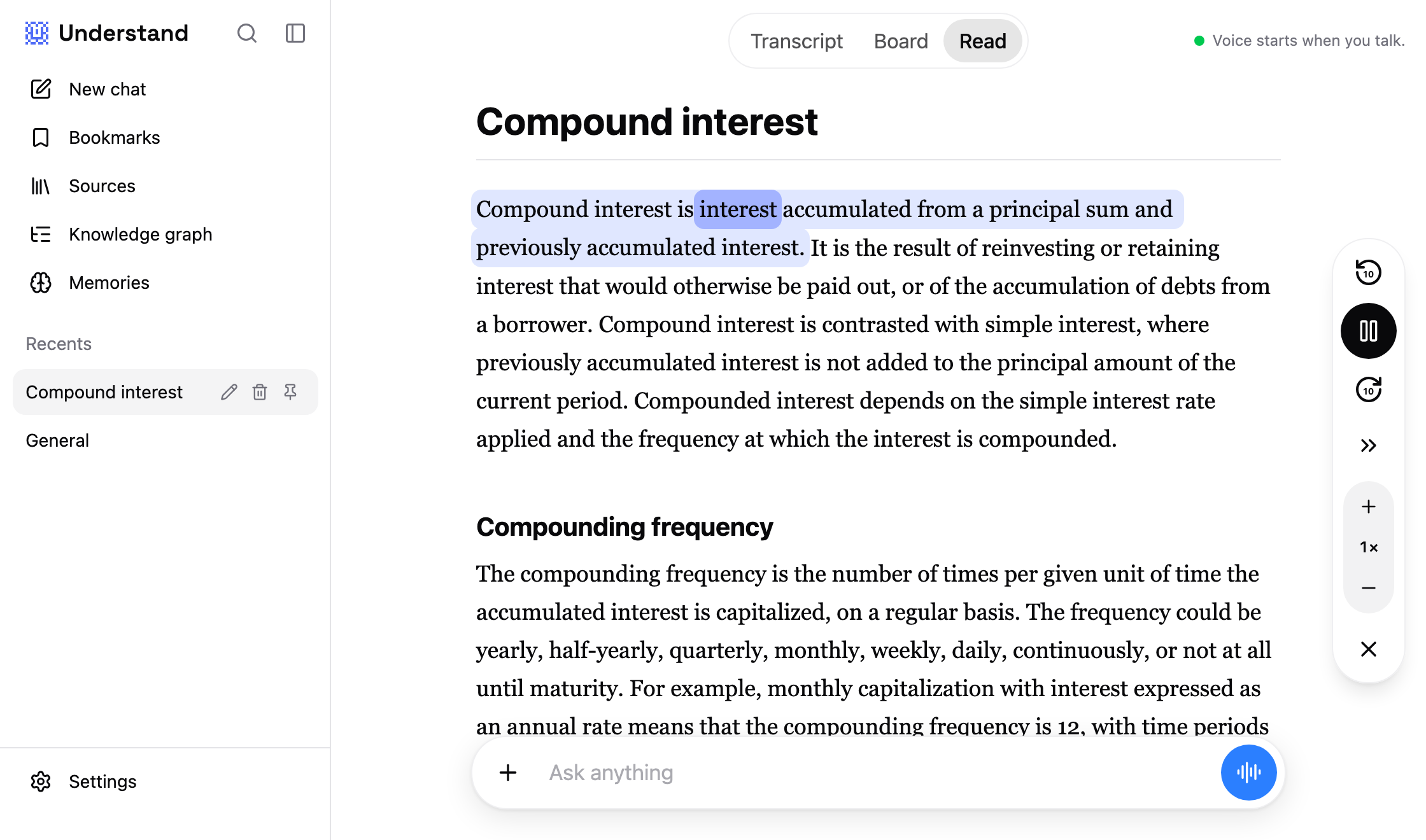 Understand reading a text aloud, with the current word highlighted.