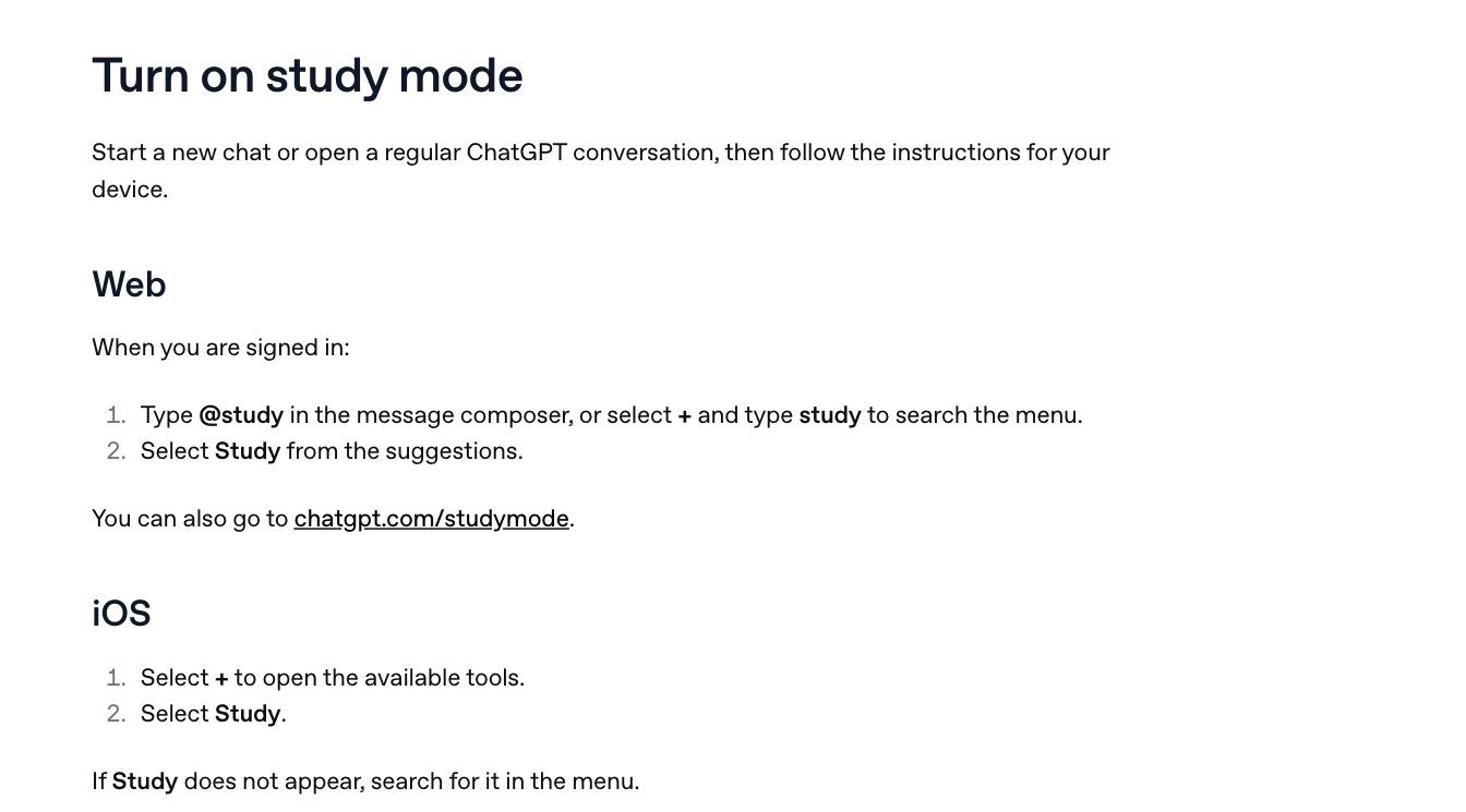 The "Turn on study mode" section of OpenAI's help page, October 2026.
