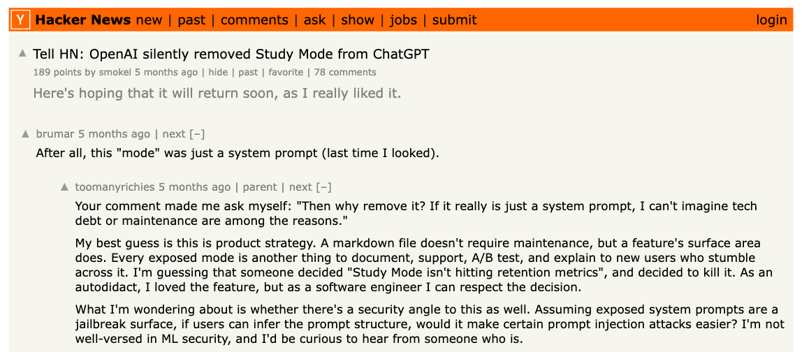 The Hacker News thread of April 12, 2026 on the removal of Study Mode, captured in October 2026.