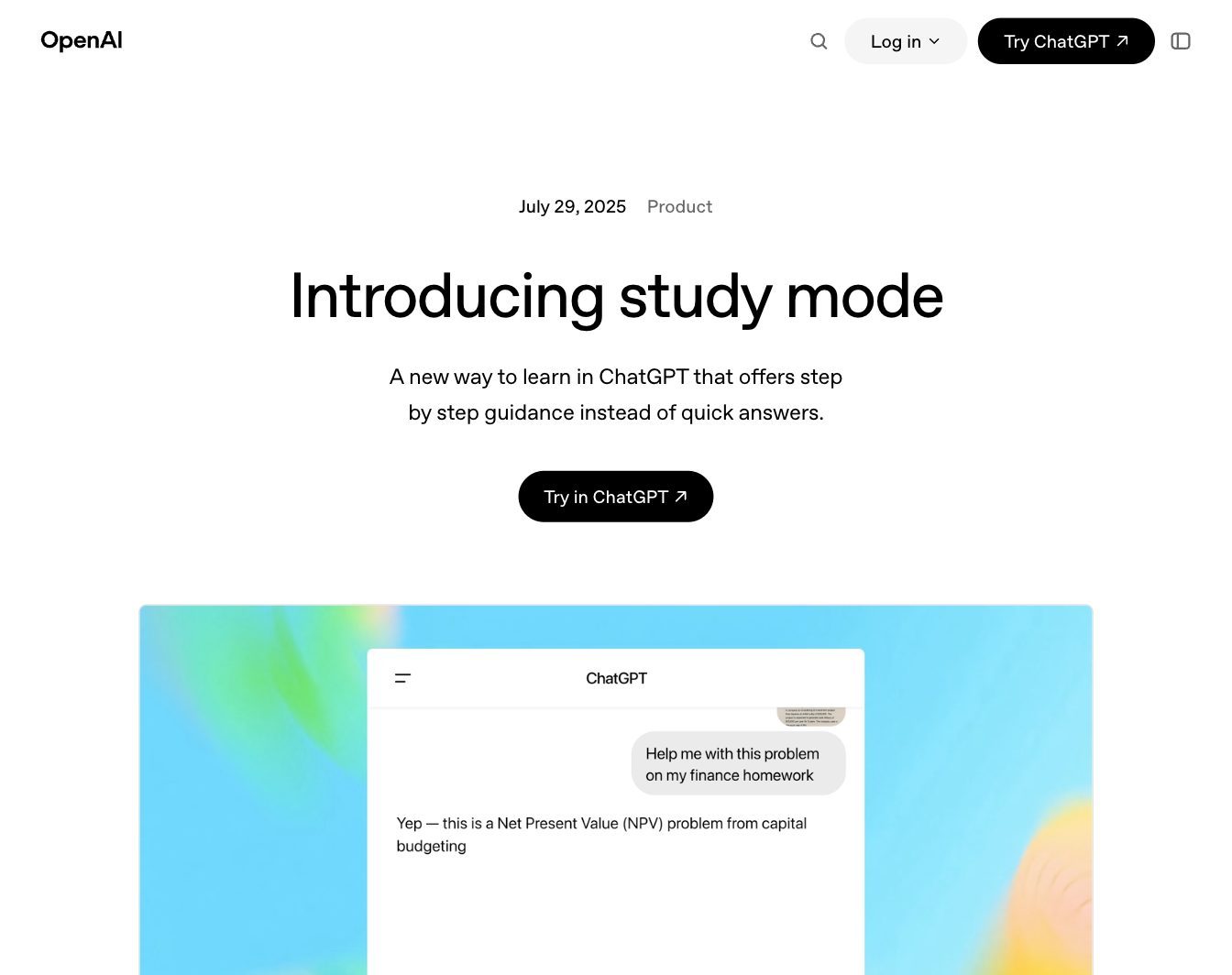 OpenAI's launch post for study mode, dated July 29, 2025, with OpenAI's own demo image, captured in October 2026.