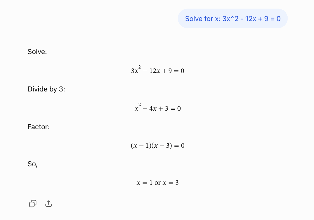 The same equation in a logged-out session, October 2026, where the Study chip is not offered: ordinary ChatGPT solves it in one reply.