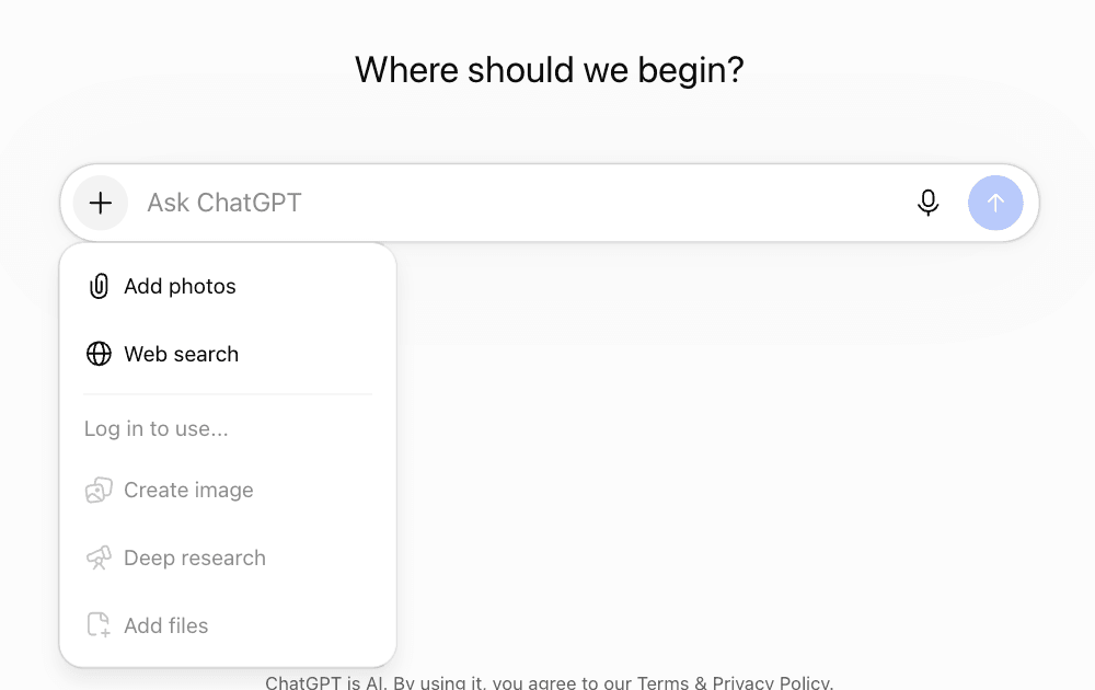 The + menu in a logged-out session, October 2026: it lists no Study entry, and typing @study there brought up no suggestion.
