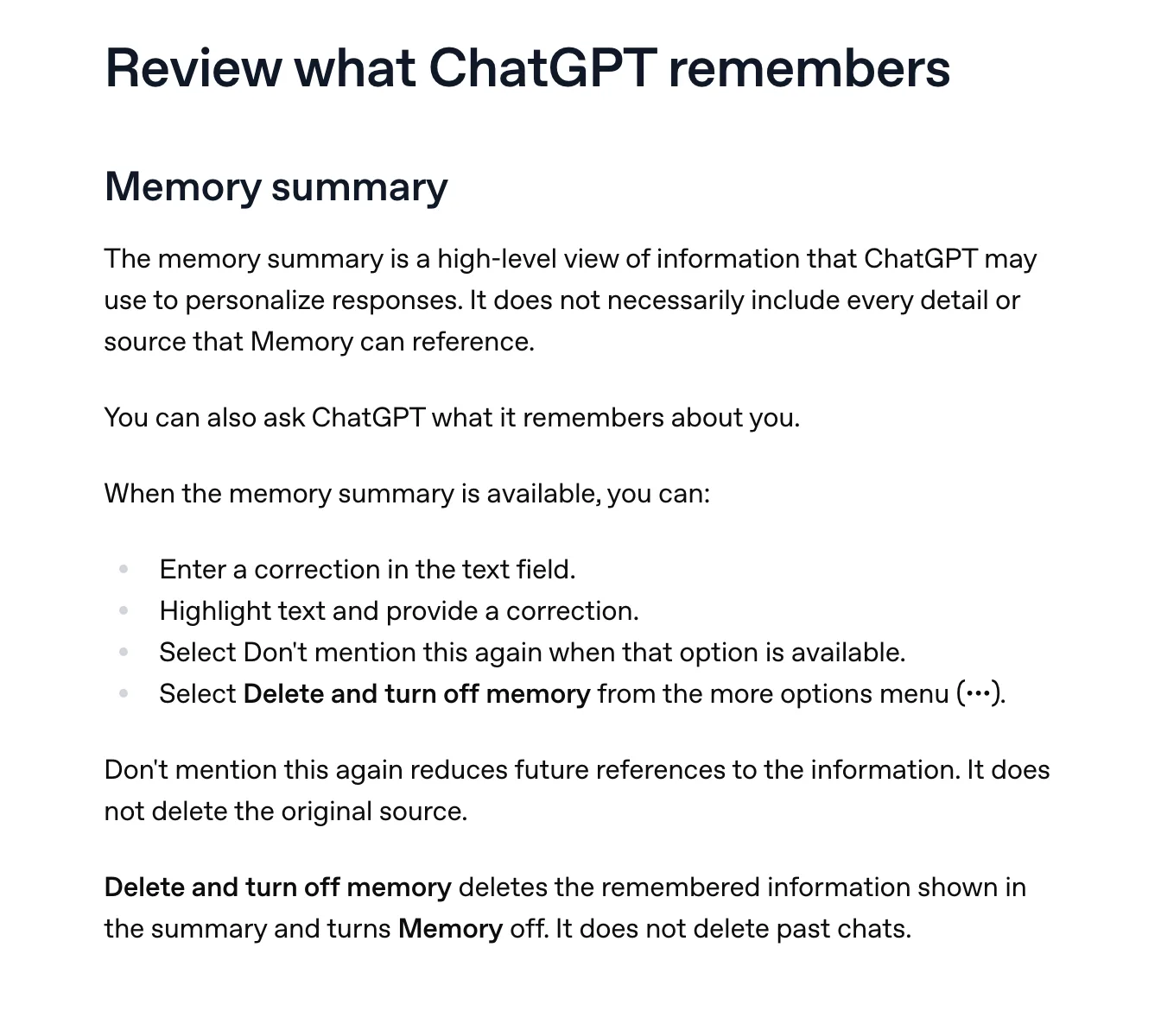 The memory summary section of OpenAI's Memory FAQ, October 2026.