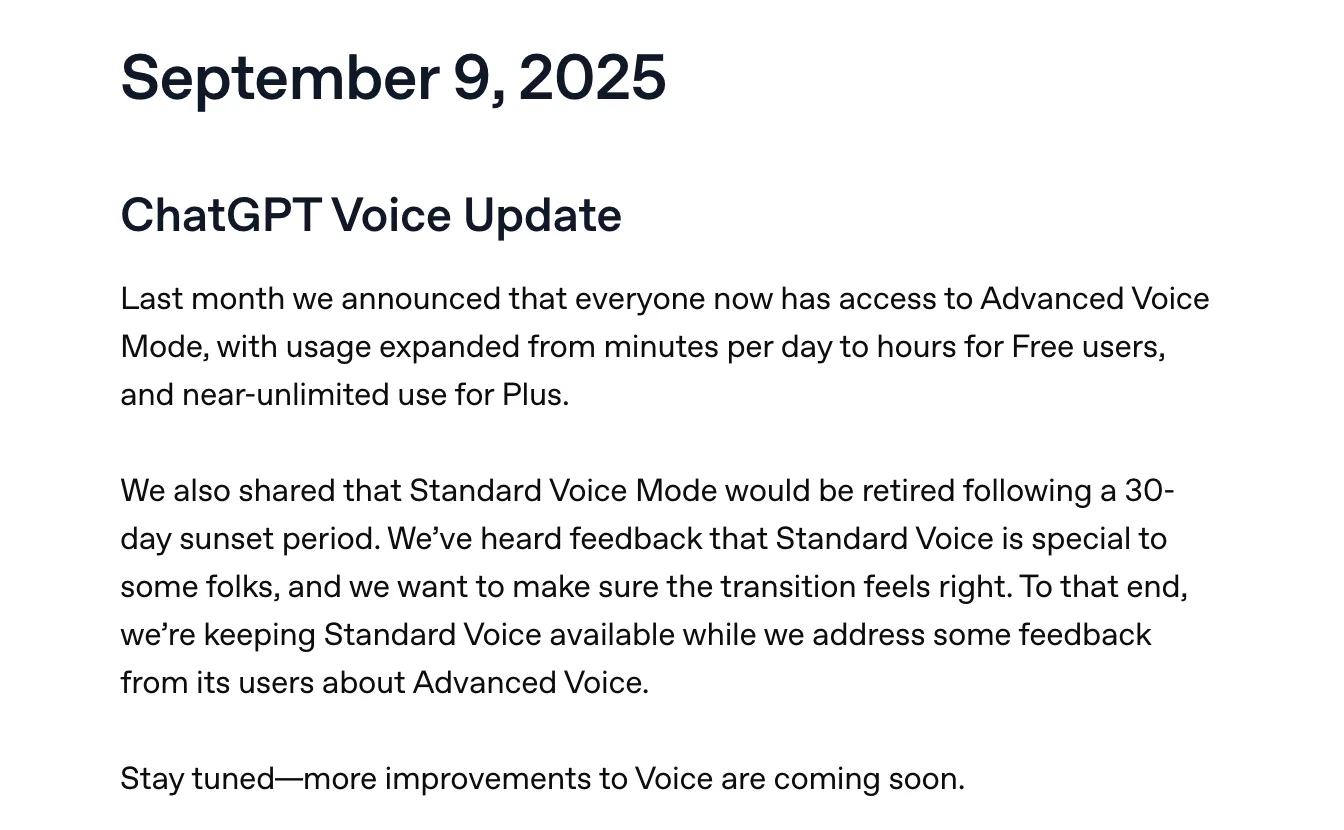 OpenAI's September 9, 2025 release note saying Standard Voice would stay available, October 2026.