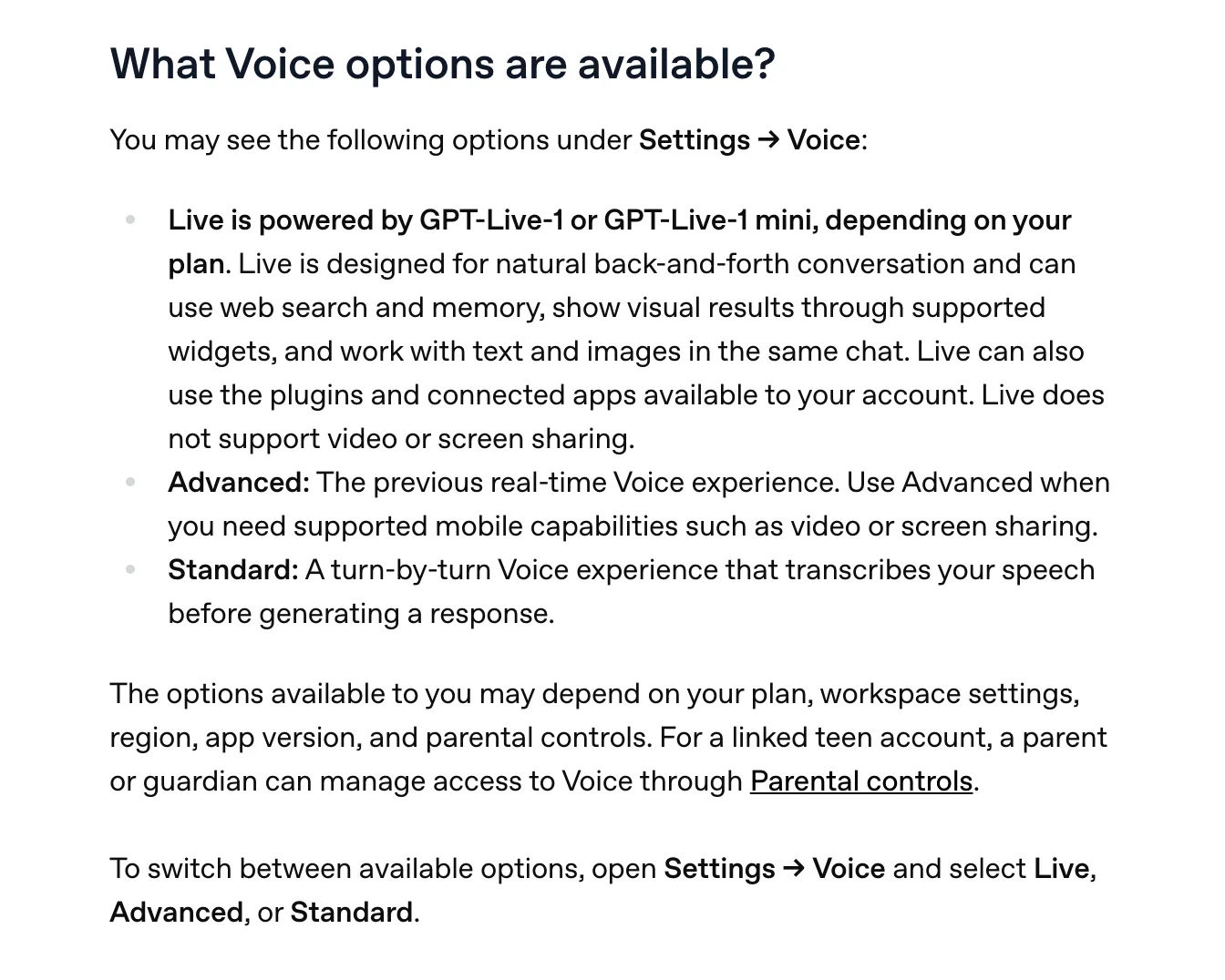 The voice options section of OpenAI's voice FAQ, listing Live, Advanced and Standard, October 2026.