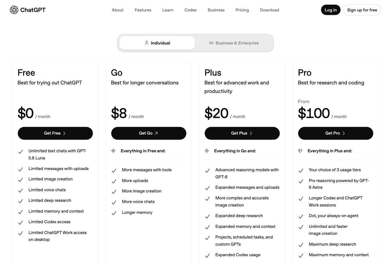 ChatGPT's pricing page for individuals, October 2026.