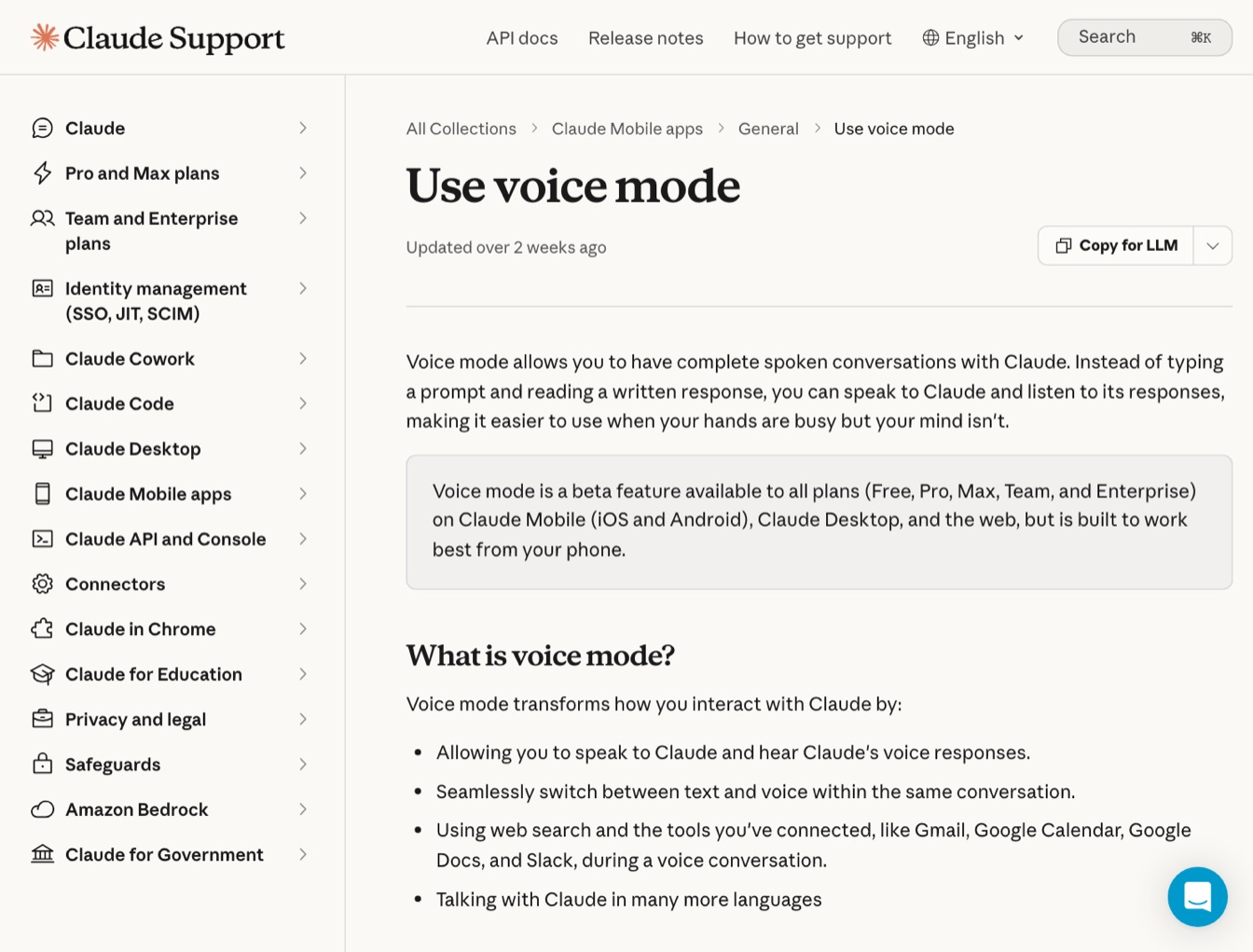 The top of Anthropic's help page for Claude voice mode, October 2026.