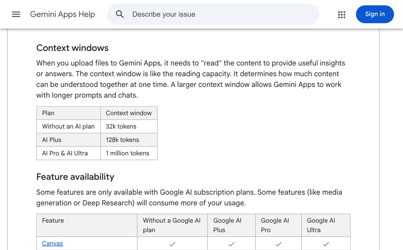 The context window table on Google's Gemini limits page, October 2026.
