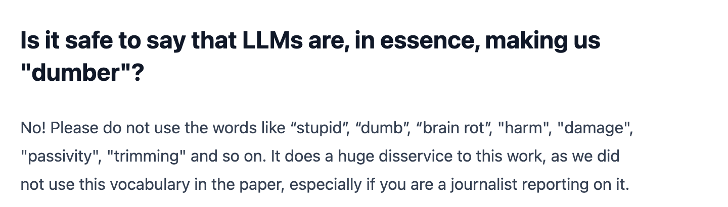 The first entry on the FAQ page of the "Your Brain on ChatGPT" authors, brainonllm.com, October 2026.