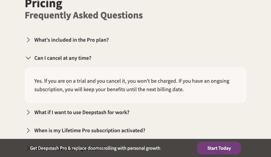 The cancellation answer in the FAQ on Deepstash's Get Pro page, October 2026.