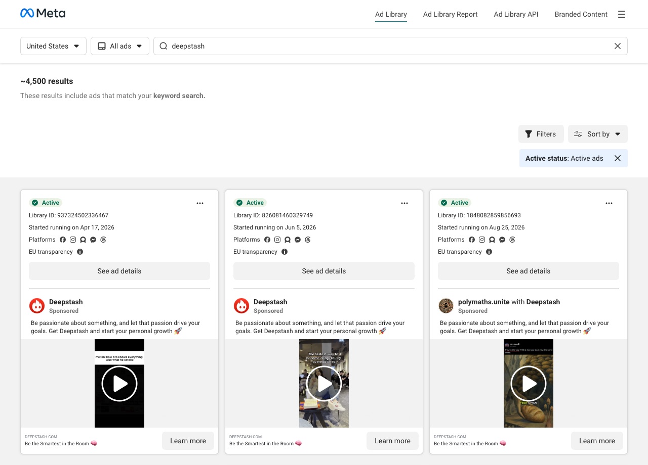 Meta's Ad Library results for active US ads matching "deepstash", October 4, 2026.