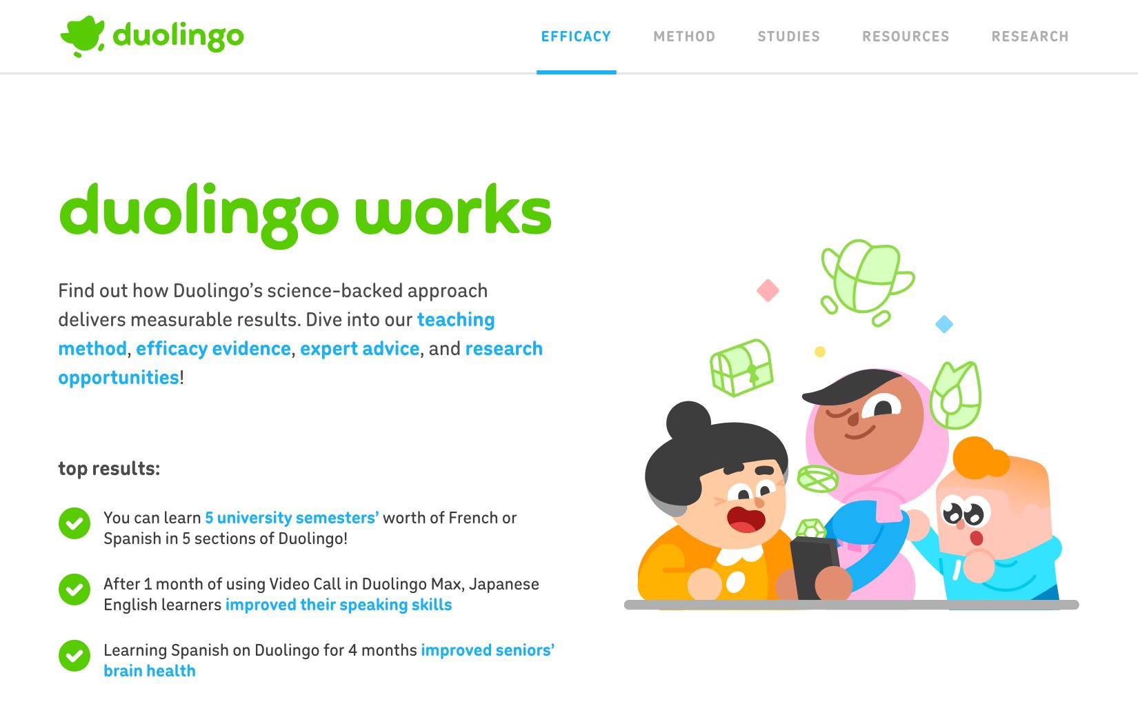 The top of Duolingo's efficacy page, October 2026.