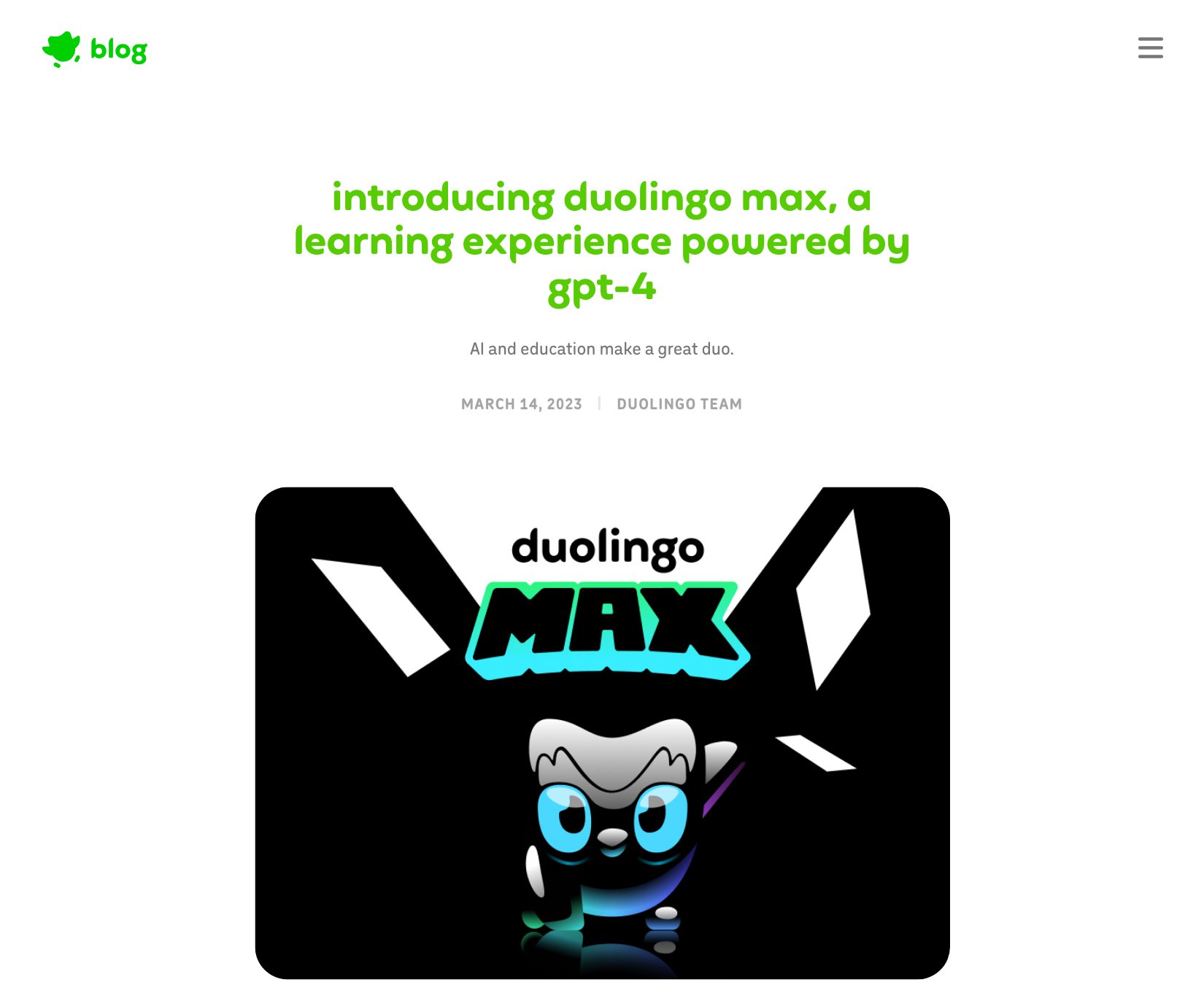 Duolingo's announcement of Max, as it appeared in October 2026.