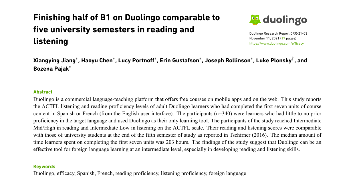 The first page of Duolingo Research Report DRR-21-03, November 2021.