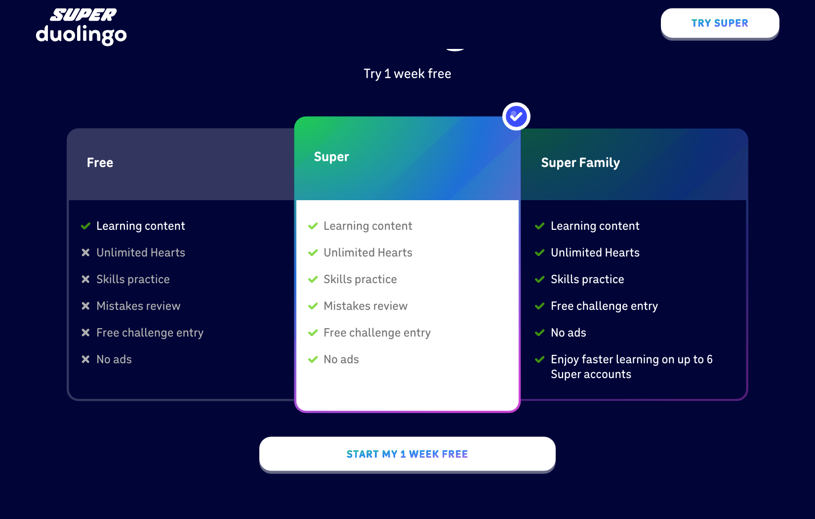 The plans on Duolingo's Super page, which still calls the limit Hearts, October 2026.