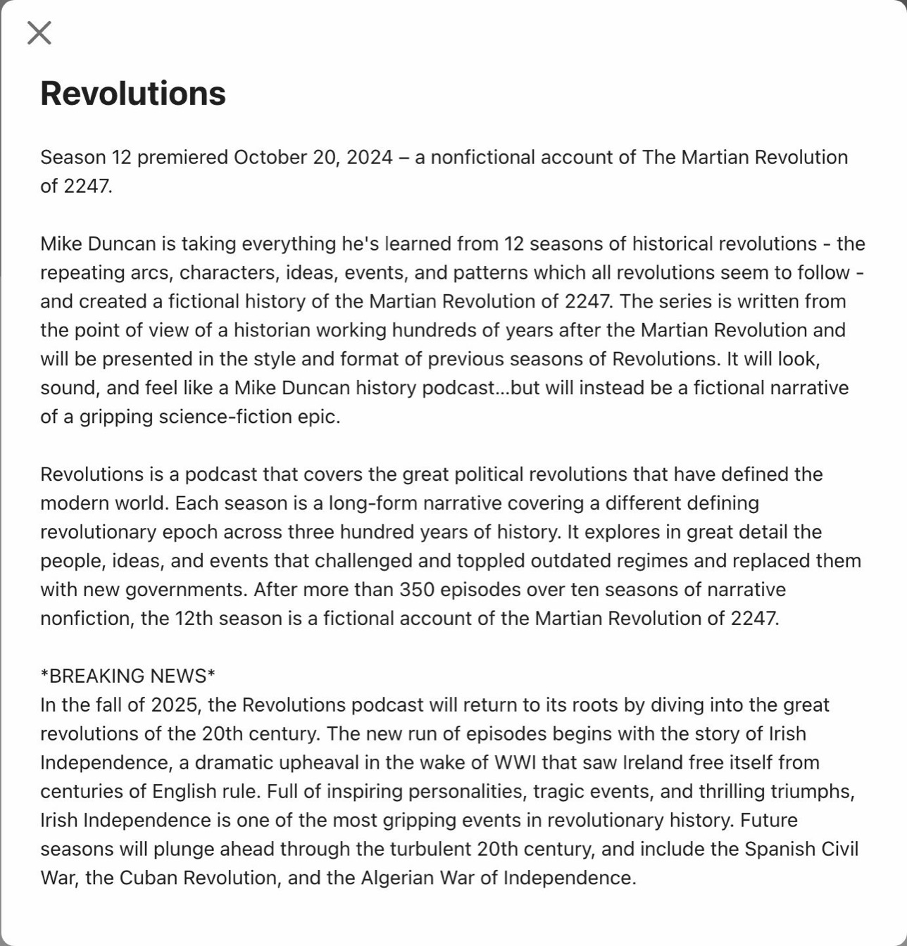 The Apple Podcasts description of Revolutions, announcing a return in fall 2025 with the Irish revolution, October 2026.