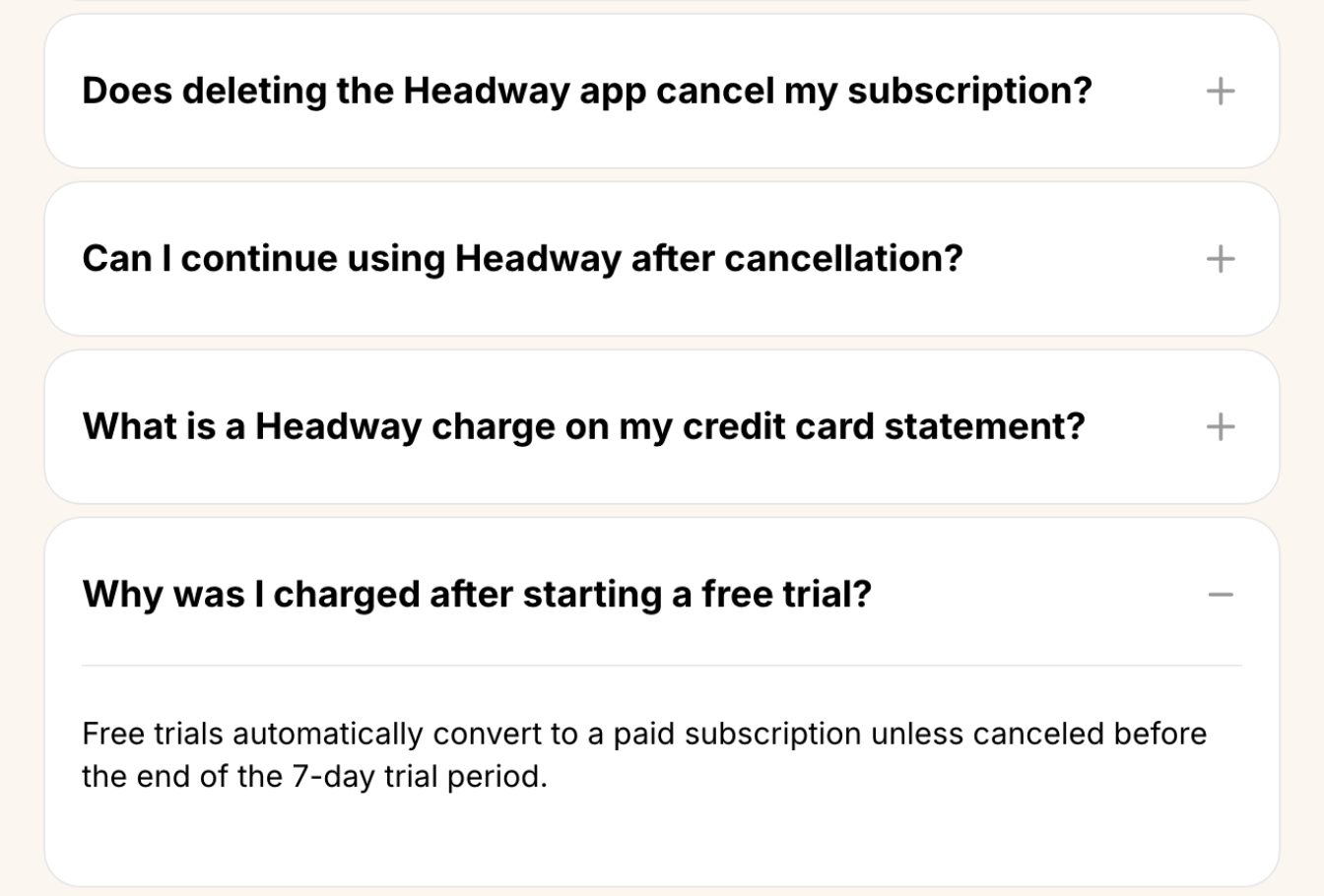 Headway's FAQ on trial charges, October 2026.