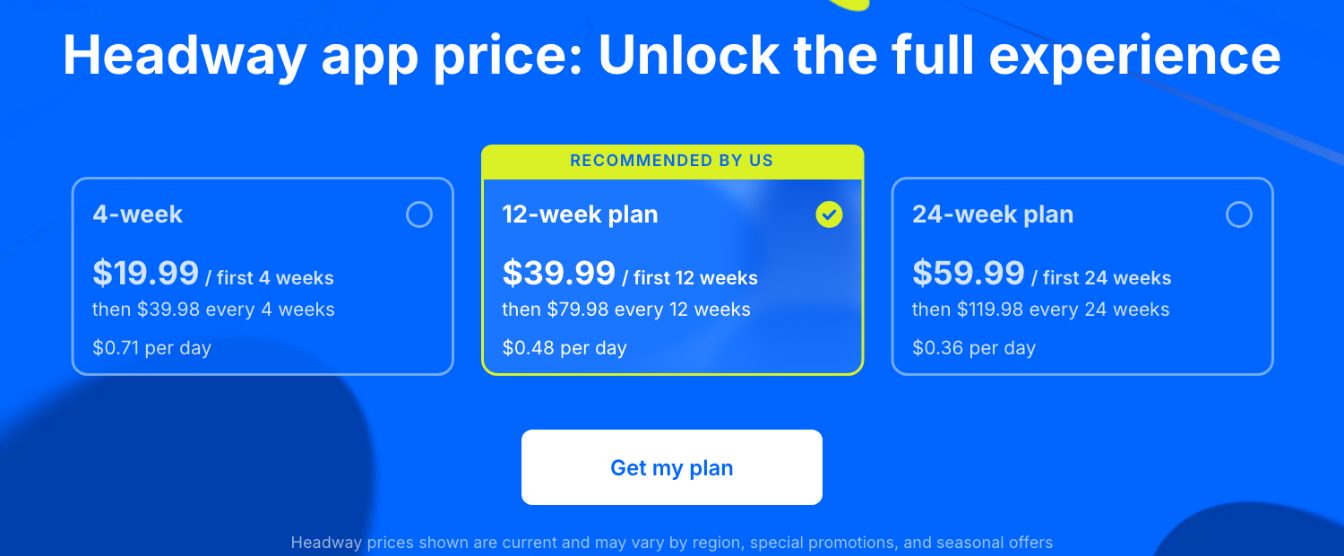 The plans on Headway's price page, loaded from the US in October 2026.