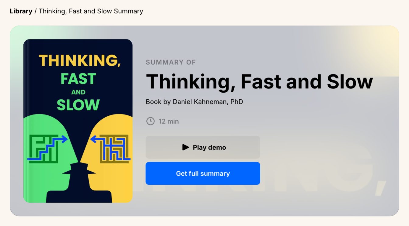 Headway's public summary page for Thinking, Fast and Slow, October 2026.