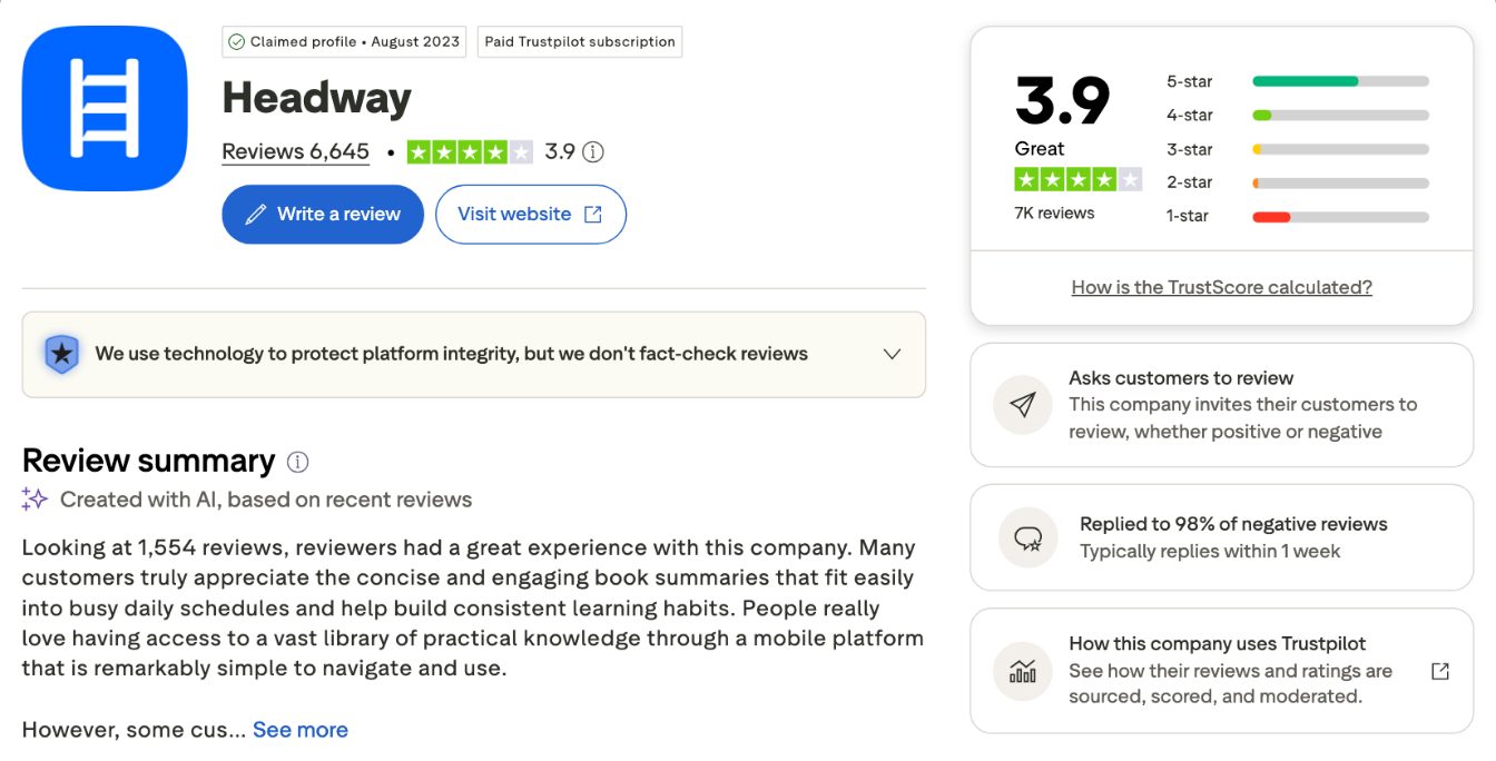 Headway's profile on Trustpilot, October 2026.