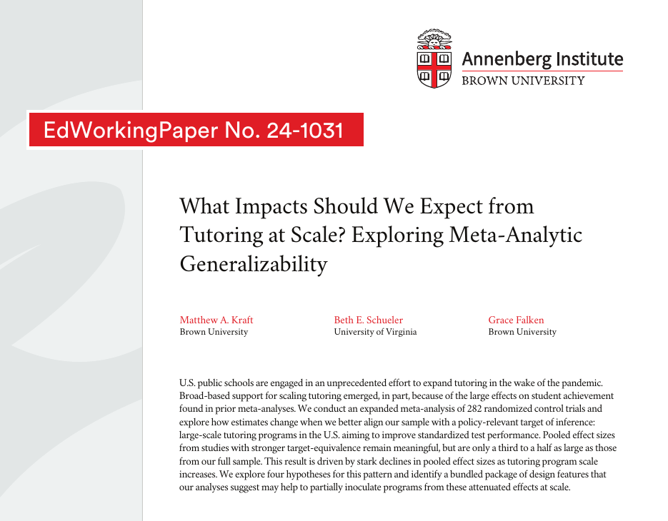 The first page of Kraft, Schueler and Falken's working paper on tutoring at scale, Annenberg Institute at Brown University, October 2024.