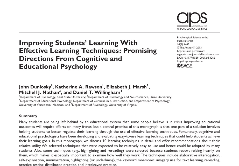 The first page of Dunlosky and colleagues' 2013 review of ten learning techniques, from the copy hosted by Indiana University and archived by the Wayback Machine, October 2026.