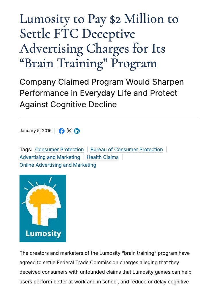 The FTC's press release on the Lumosity settlement, January 5, 2016, as archived by the Wayback Machine and captured in October 2026.